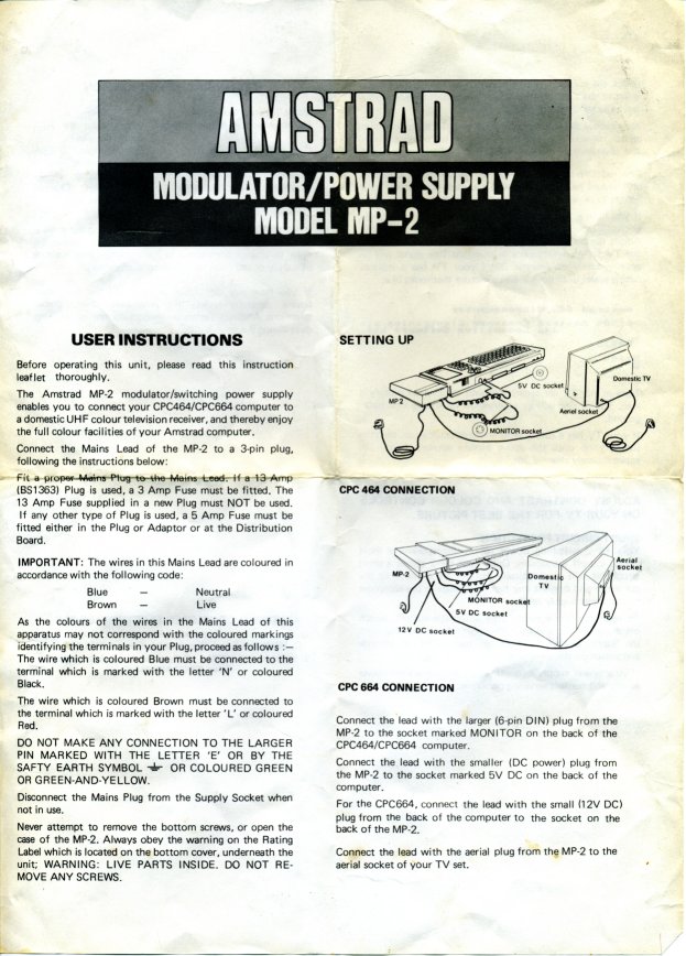 Amstrad CPC464 - MP-2 Modulator/Power Supply Guide