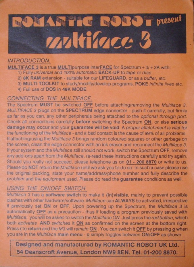 Sinclair ZX Spectrum - Romantic Robot Multiface 3 Booklet